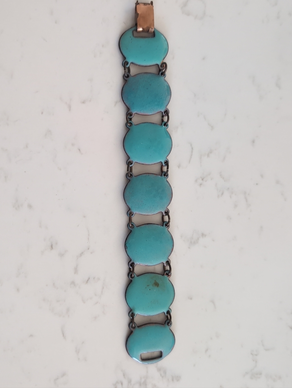 Vintage Copper Enamel Bracelet Turquoise Blue Disc Panel Mid Century Modern
